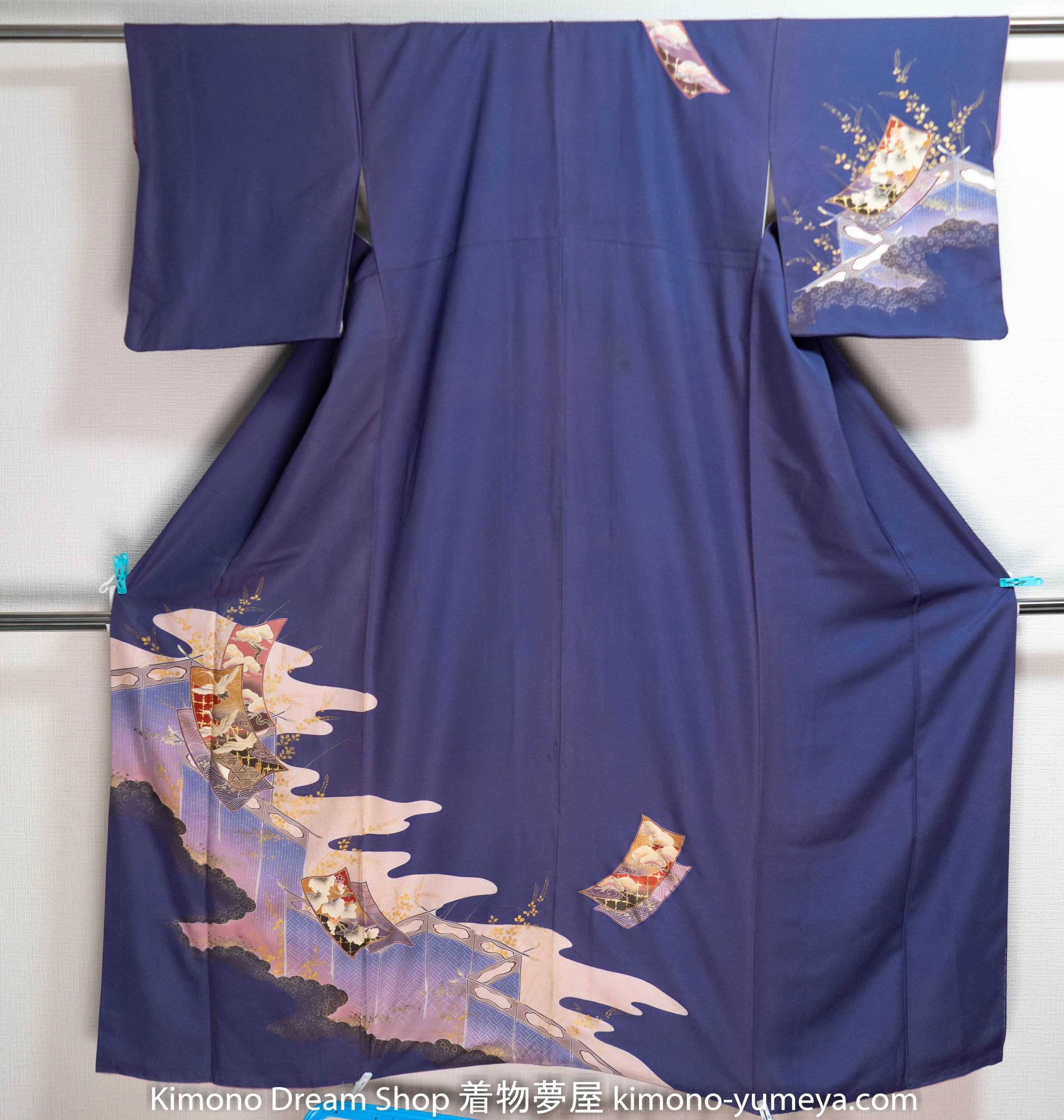 Purple Homongi - Unique Style - Vintage Silk Kimono - Japanese Herons Traditional Patterns Clouds