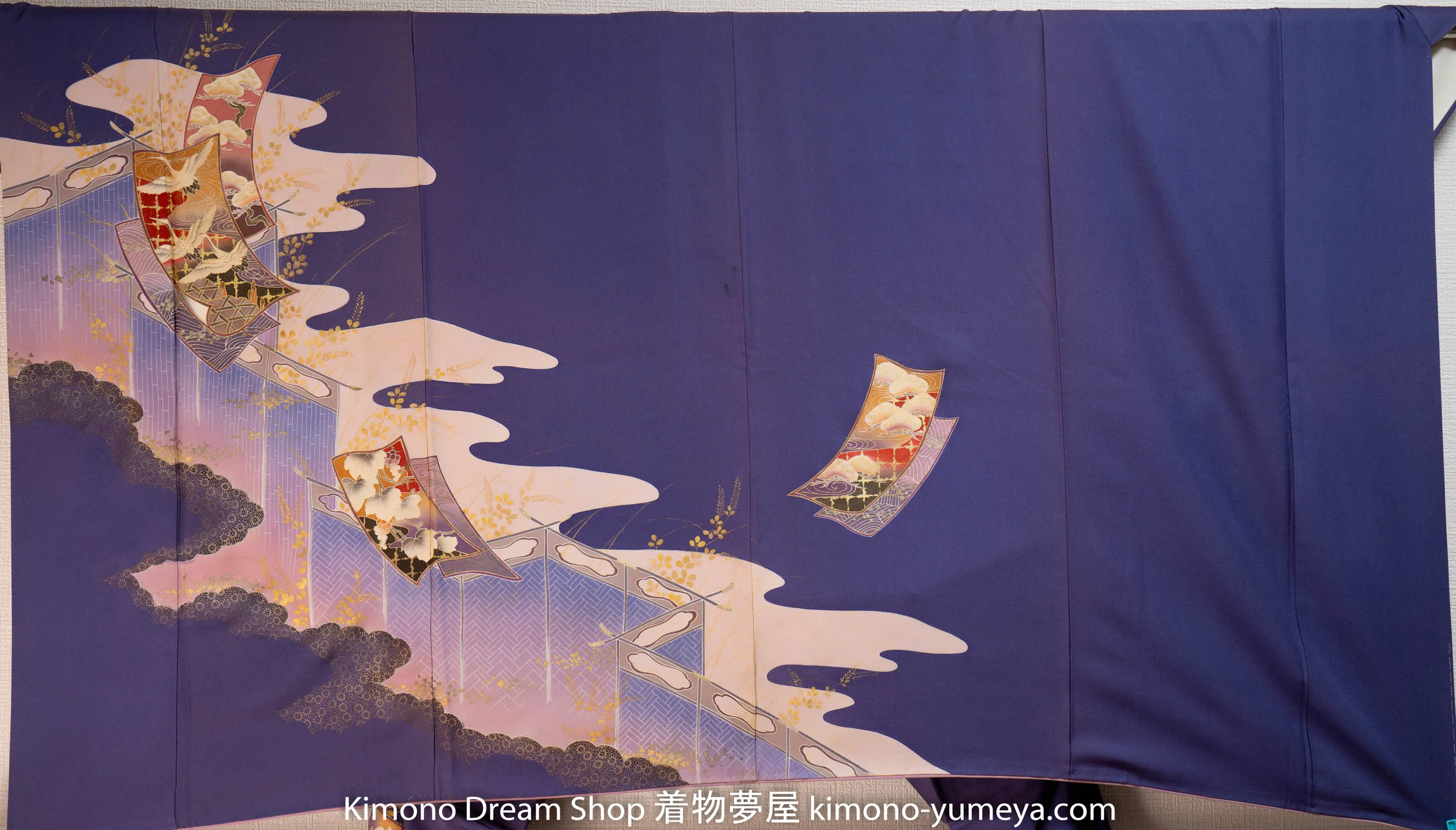 Purple Homongi - Unique Style - Vintage Silk Kimono - Japanese Herons Traditional Patterns Clouds