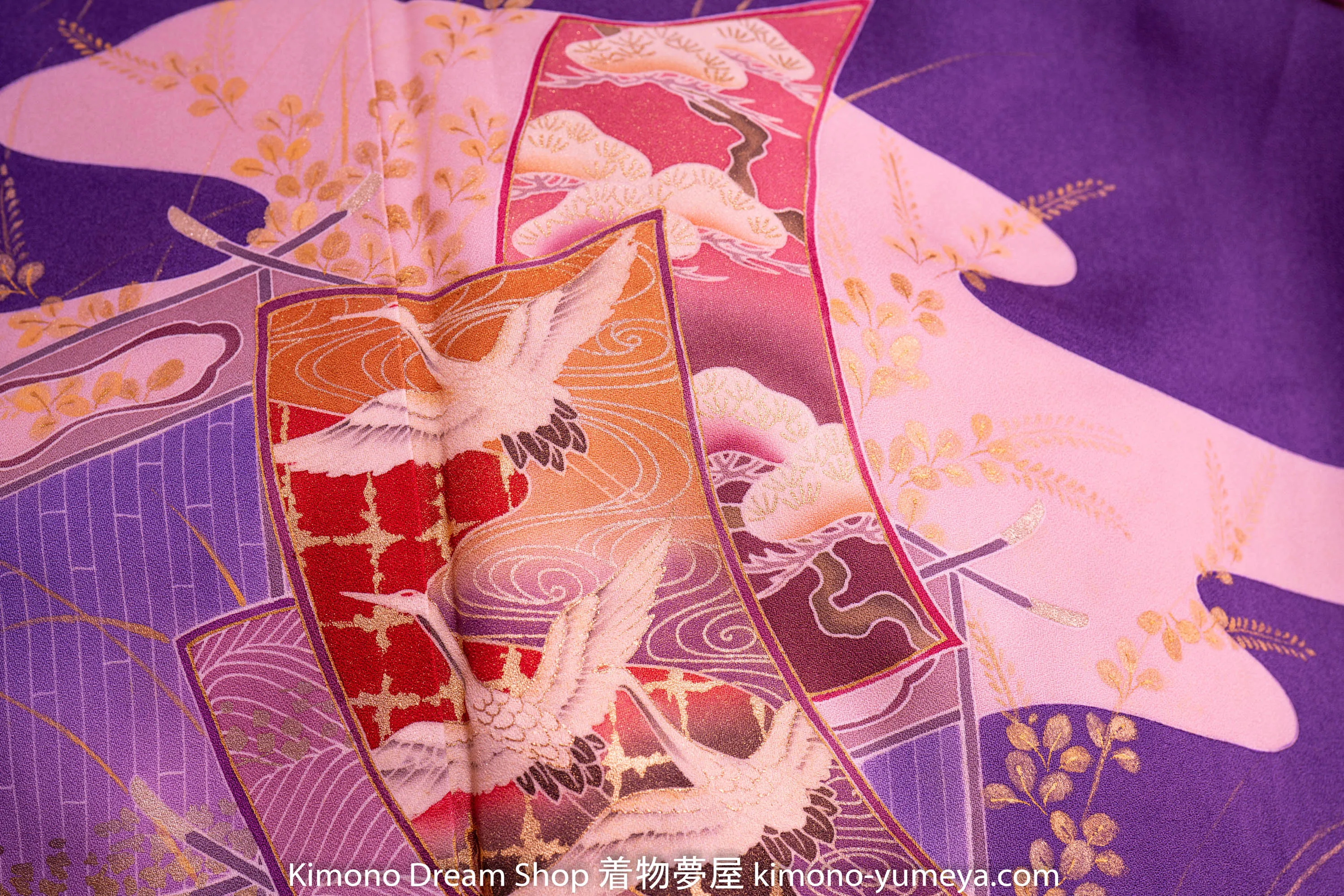 Purple Homongi - Unique Style - Vintage Silk Kimono - Japanese Herons Traditional Patterns Clouds