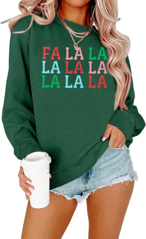 QLIPIN Christmas Sweatshirt for Women Fa La La La Christmas Song Sweater Xmas Music Notes Crewneck Long Sleeve Pullover