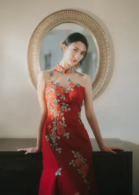 Red Celosia Tulle Mermaid Qipao - RTW
