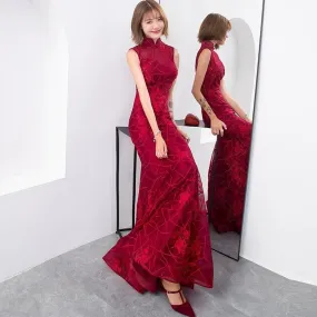 Red Mermaid Long Chinese Traditional Retro Cheongsam Lace Qipao Evening  Dress