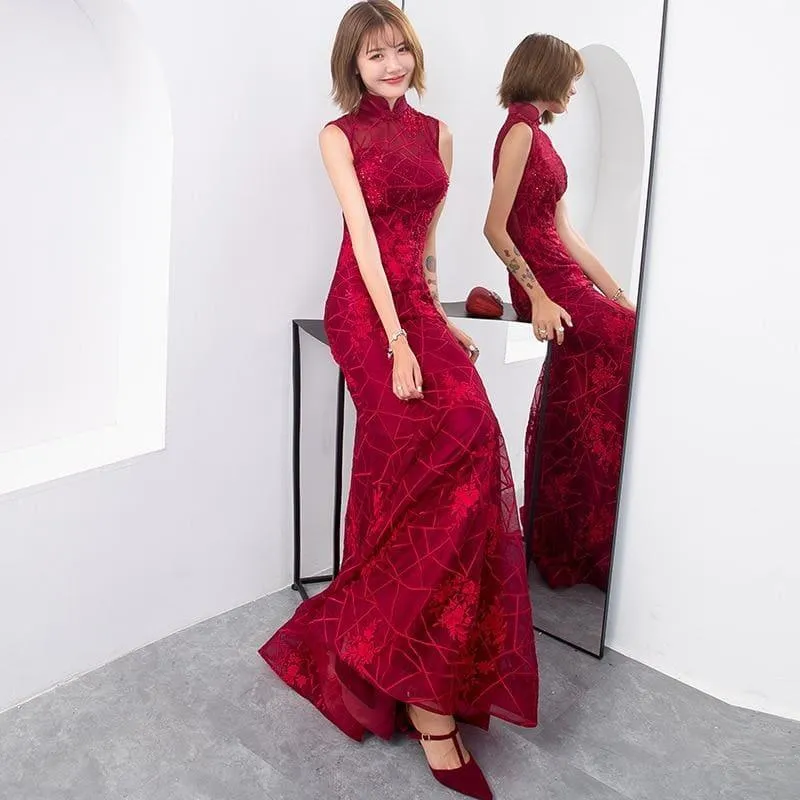 Red Mermaid Long Chinese Traditional Retro Cheongsam Lace Qipao Evening  Dress
