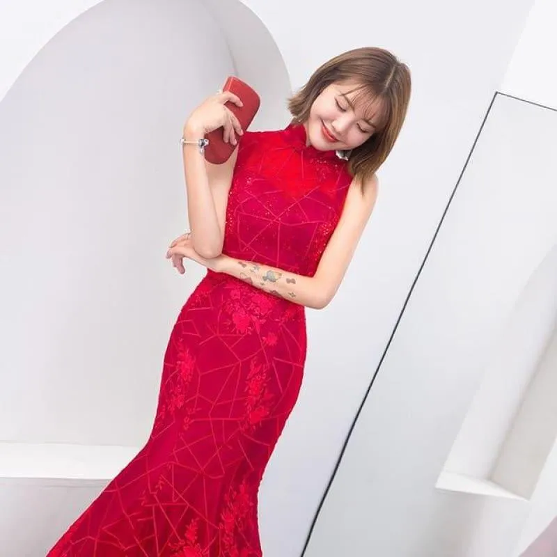Red Mermaid Long Chinese Traditional Retro Cheongsam Lace Qipao Evening  Dress