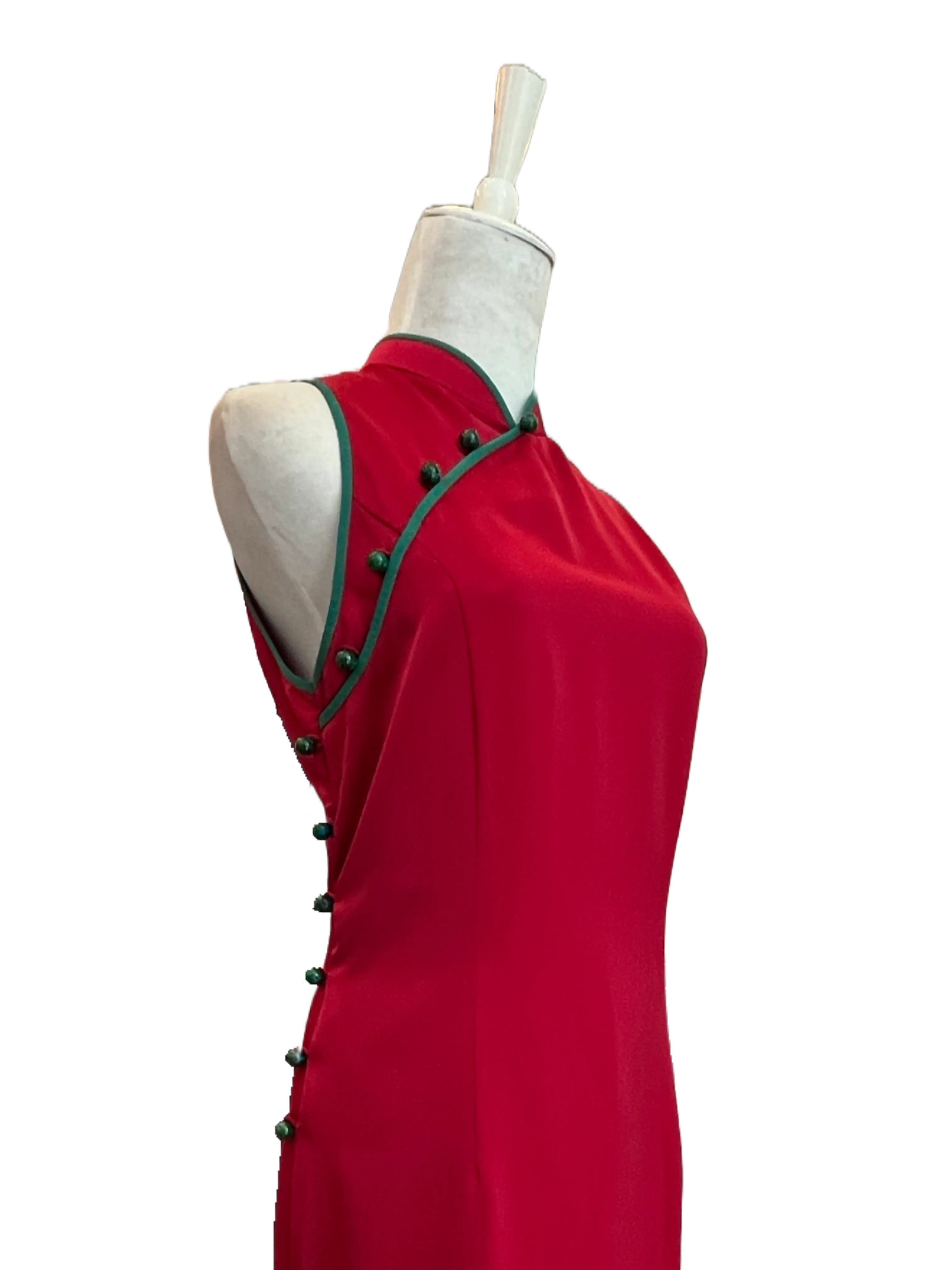 Red Silk Cheongsam with Green Jade Buttons