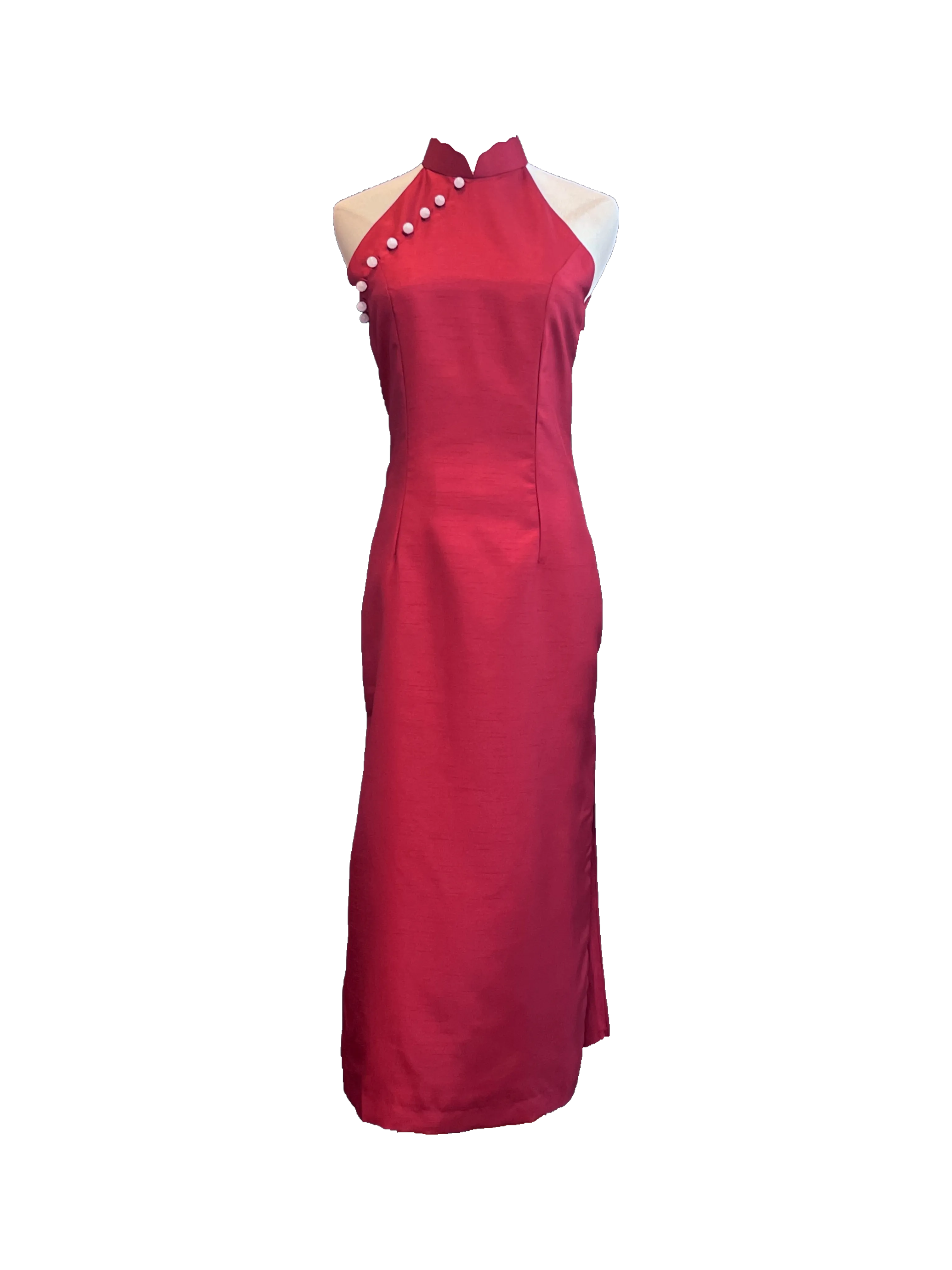 Red Teardrop Cheongsam with Scalloped Collar