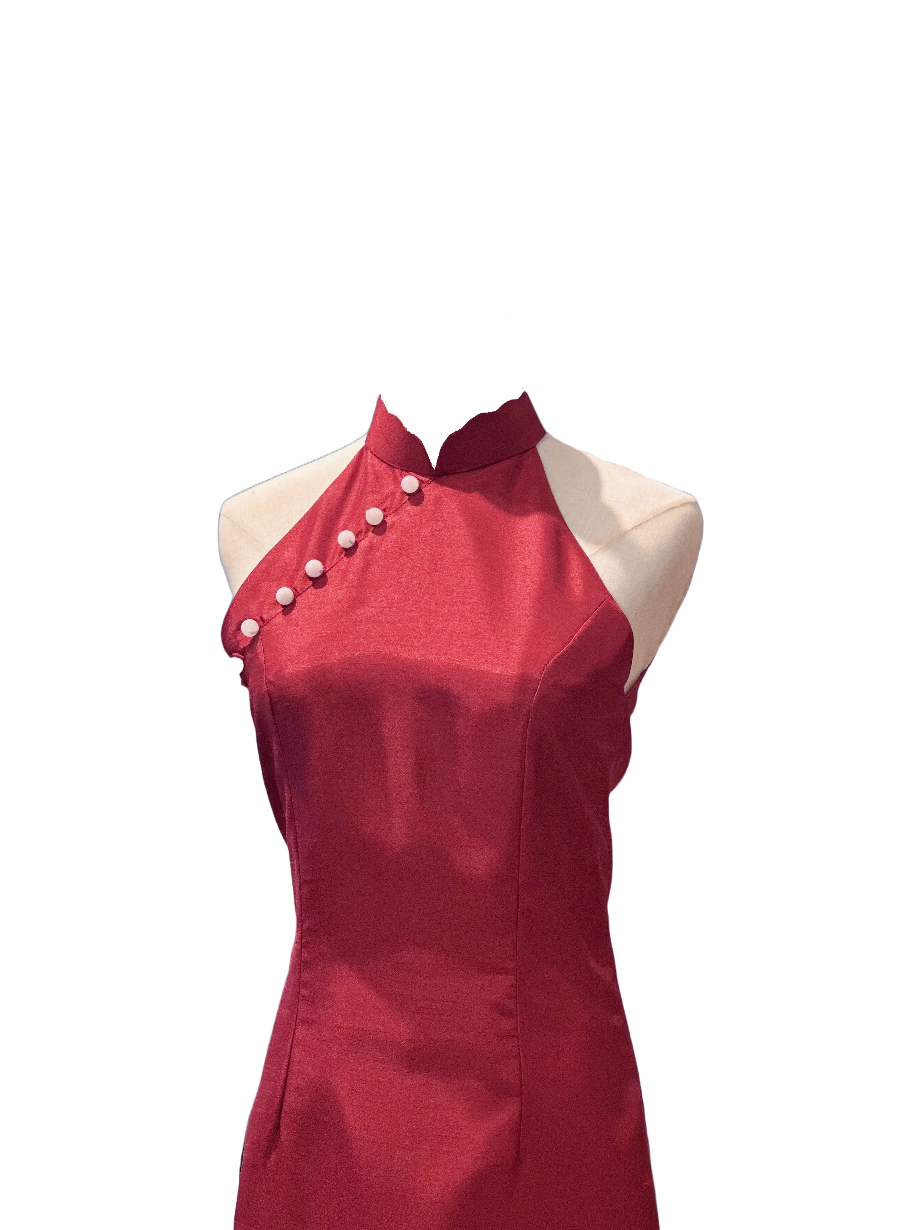 Red Teardrop Cheongsam with Scalloped Collar