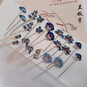 Shao Lan 烧蓝 Burnt Blue Various Ming Dynasty Turquoise Flower Hairpins