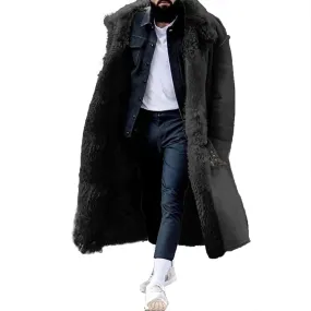 Sherpa Lined Long Jacket Men Faux Leather Shearling Jacket Fur Collar Long Trench Coats Winter Sheepskin Fleece Coat