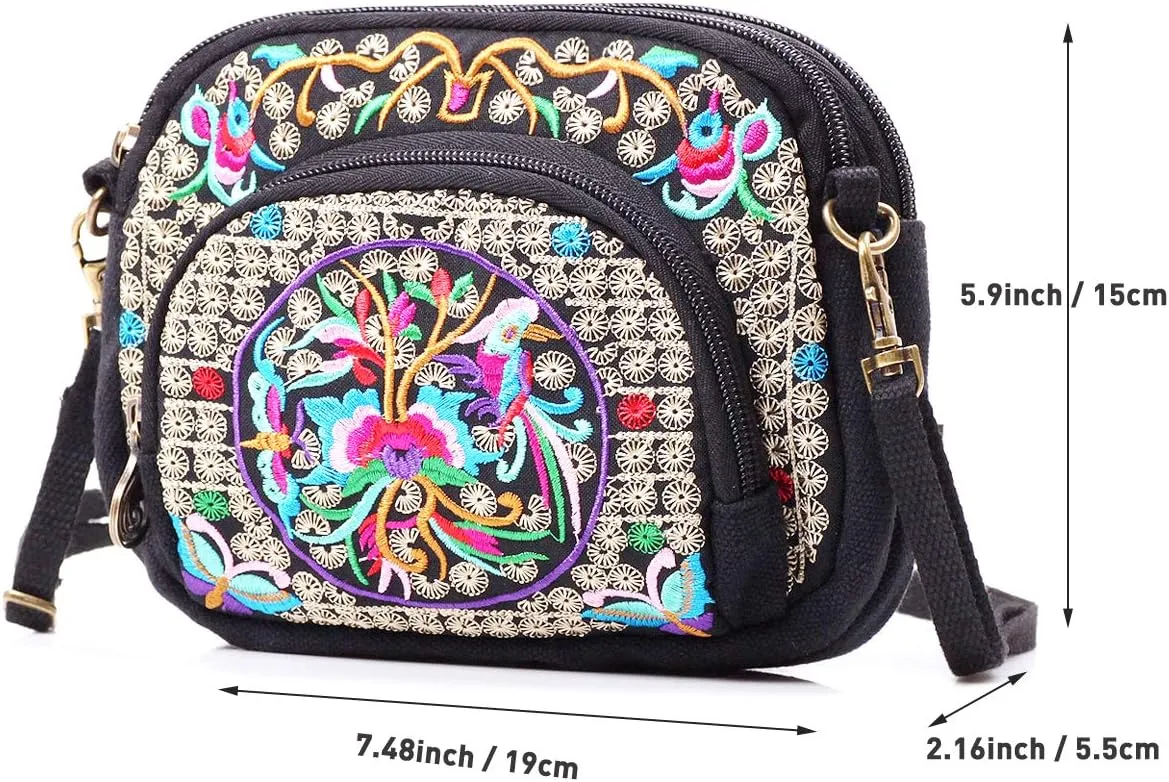 SILKAREA Embroidered Cute Mini Crossbody Bag for Women Small Handbags Wristlet Wallet Bag Cell-phone Pouch Coin Purse