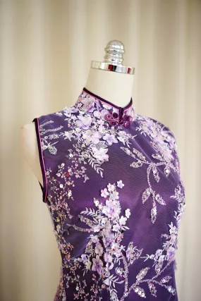 Sleeveless 3D Lace Qipao (Purple)