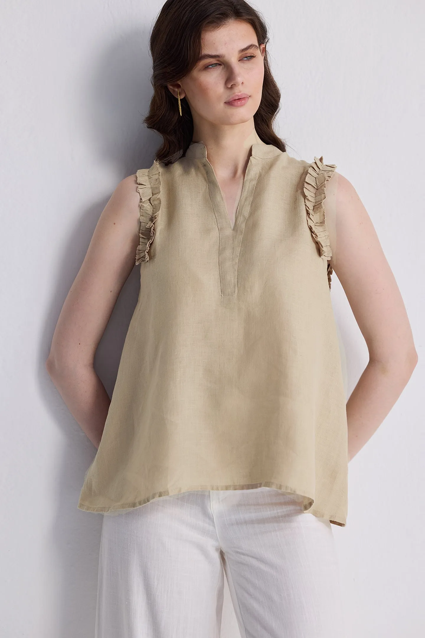 Sleeveless Hemp Top with Ruffles in Neutral Beige