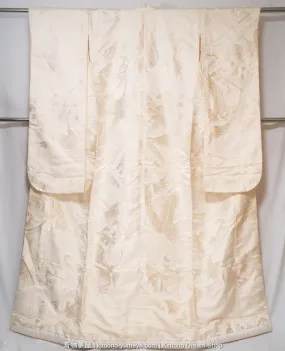 Sparkling Off White Silk Uchikake - Shiny Threading in Cranes & Pine Trees - Embroidered Japanese Wedding Kimono - Shiromuku Solid Color