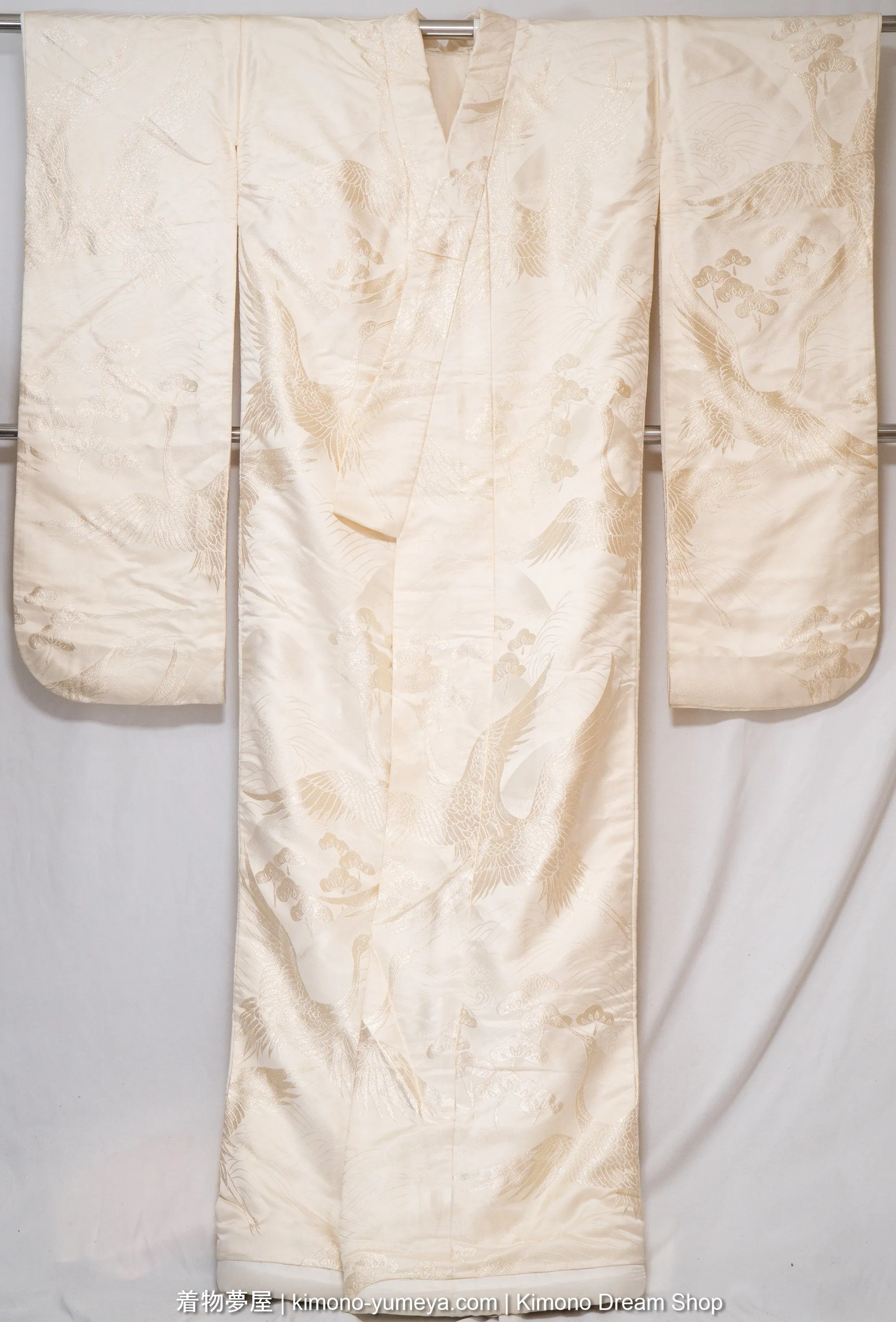 Sparkling Off White Silk Uchikake - Shiny Threading in Cranes & Pine Trees - Embroidered Japanese Wedding Kimono - Shiromuku Solid Color