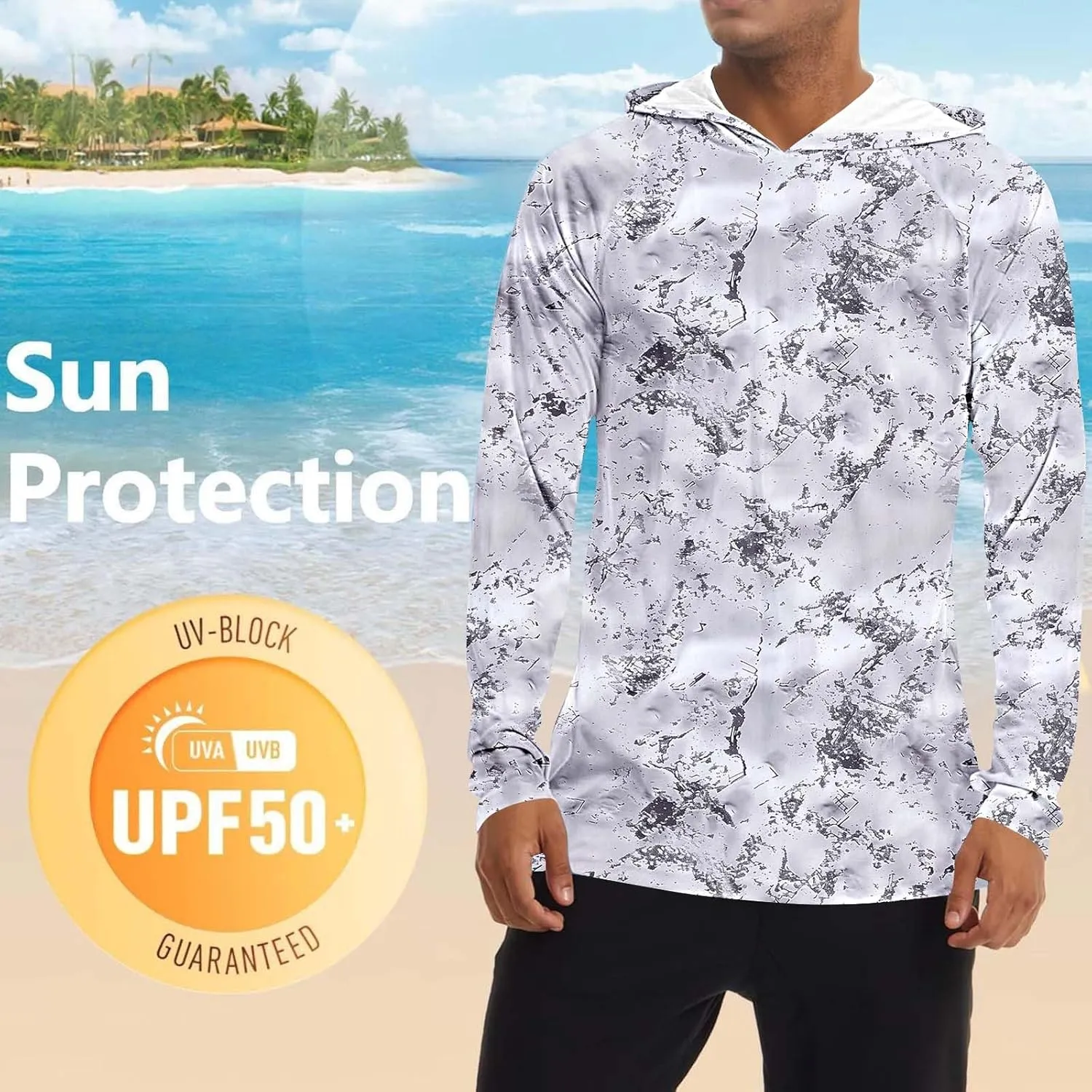 Sun Protection Hoodie Shirt For Men UPF 50  Long Sleeve Rash Guard Lightweight Camo UV Shirts For Outdoor Fishing