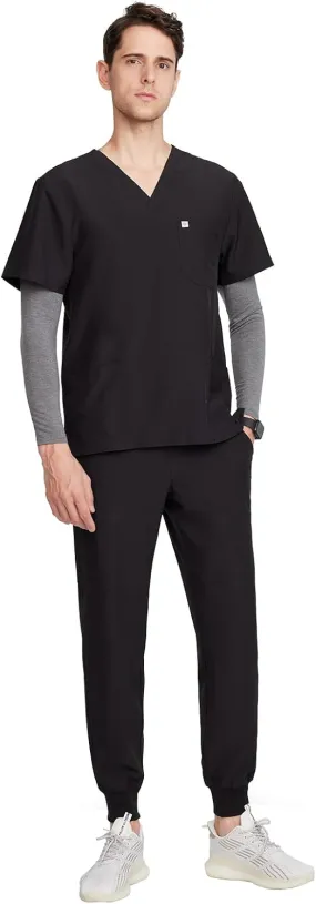 Uniforms World Louis Scrubs Set for Men — Classic V-Neck Stretch Top & Jogger Pants Yoga Waistband, 8 Pockets