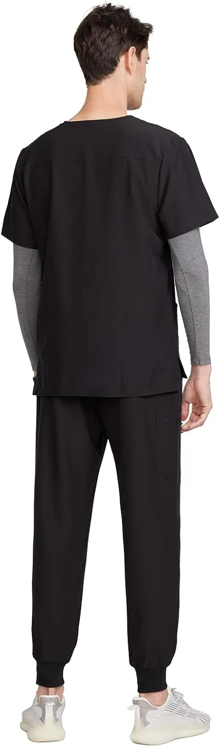 Uniforms World Louis Scrubs Set for Men — Classic V-Neck Stretch Top & Jogger Pants Yoga Waistband, 8 Pockets
