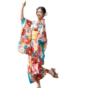 Vibrant Floral Women’s Yukata – Traditional Japanese Summer Kimono with Obi Belt.