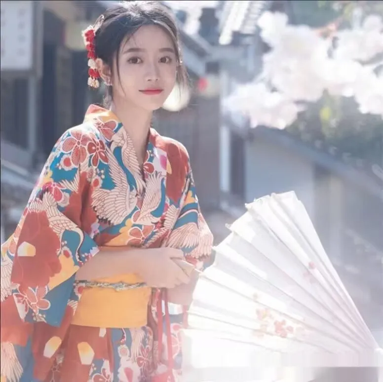 Vibrant Floral Women’s Yukata – Traditional Japanese Summer Kimono with Obi Belt.