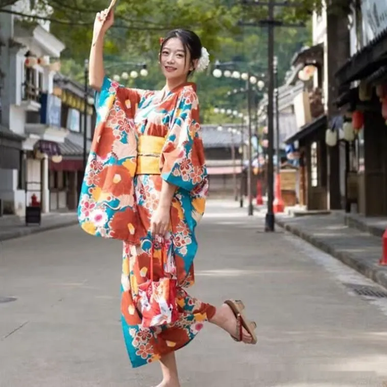 Vibrant Floral Women’s Yukata – Traditional Japanese Summer Kimono with Obi Belt.