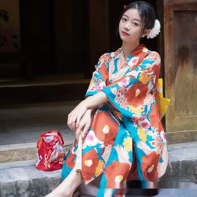 Vibrant Floral Women’s Yukata – Traditional Japanese Summer Kimono with Obi Belt.