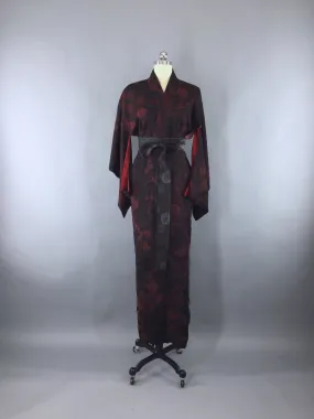 Vintage 1960s Vintage Silk Kimono Robe / Omeshi Black & Red Floral