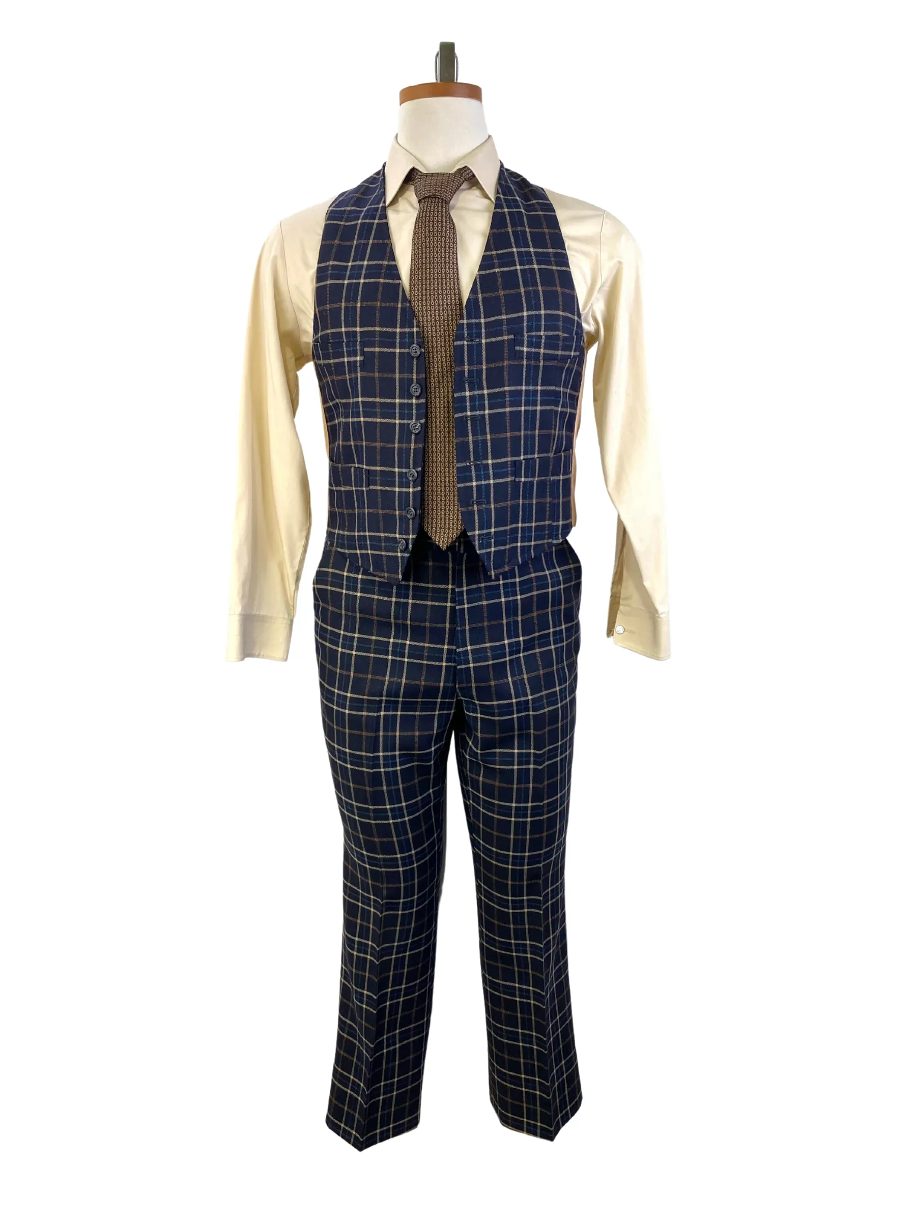 Vintage 1970s Men's Navy/ Beige Plaid 3-Piece Suit, Johnny Carson for Kleinhans, 40