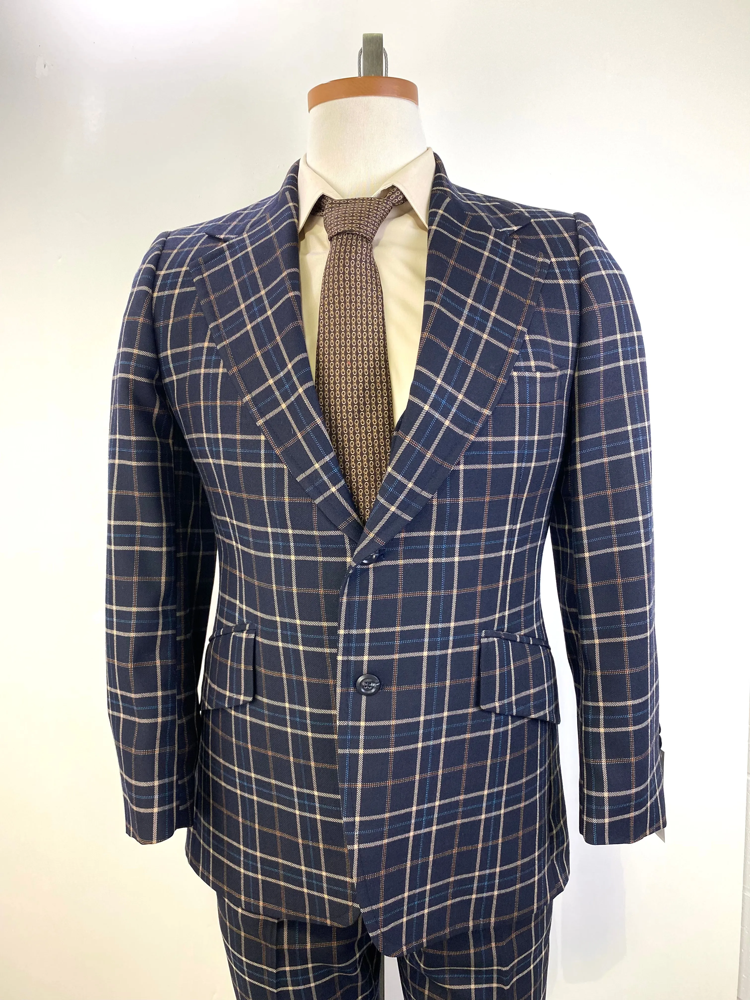 Vintage 1970s Men's Navy/ Beige Plaid 3-Piece Suit, Johnny Carson for Kleinhans, 40