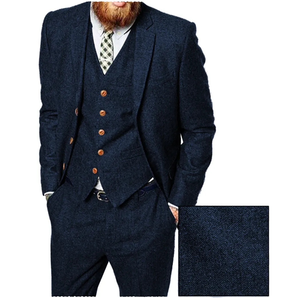 Vintage Classical 3 Pieces Mens Suit Herringbone Tweed Notch Lapel Tuxedos (Blazer vest Pants)