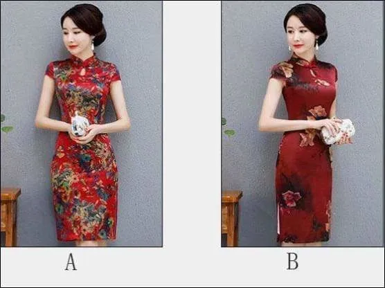 Winnal Knee Length Real Silk Cheongsam Floral Chinese Qipao Dress