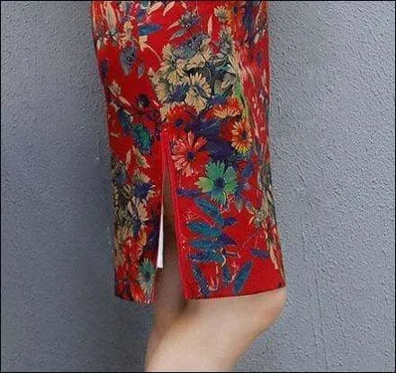Winnal Knee Length Real Silk Cheongsam Floral Chinese Qipao Dress