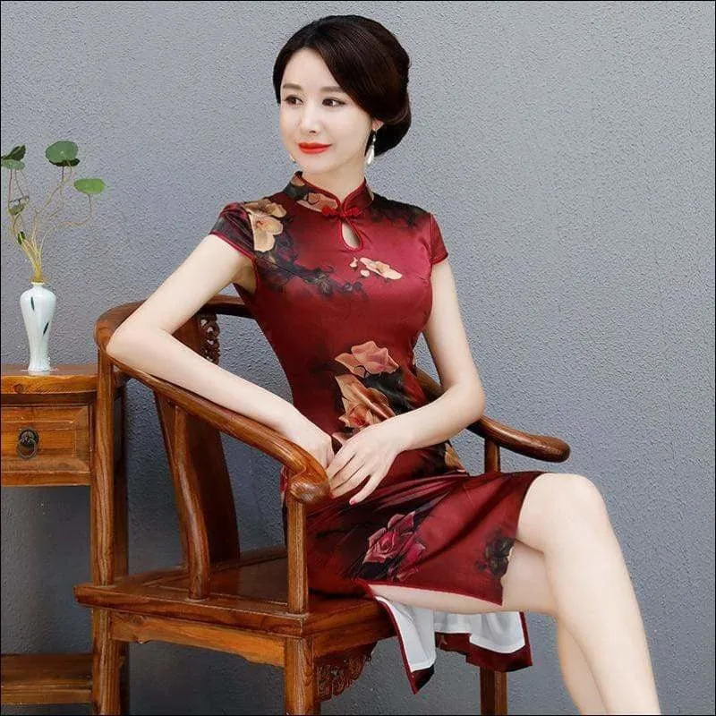 Winnal Knee Length Real Silk Cheongsam Floral Chinese Qipao Dress