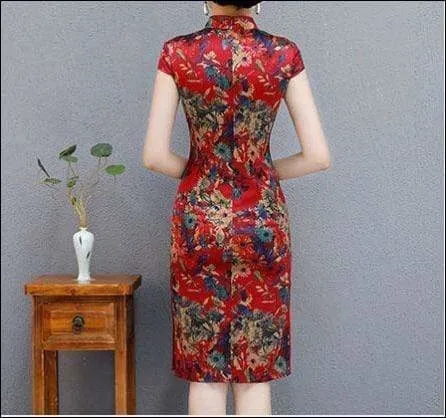 Winnal Knee Length Real Silk Cheongsam Floral Chinese Qipao Dress