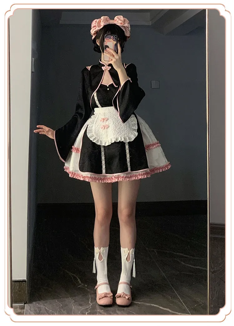 With PUJI~Cat Fist~Chinese Qi Lolita Maid Bolero JSK Set