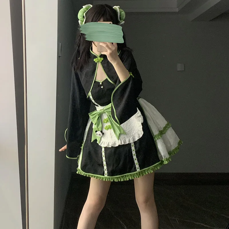 With PUJI~Cat Fist~Chinese Qi Lolita Maid Bolero JSK Set