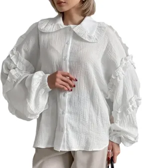 Womens Button Down Shirts Cotton Lantern Long Sleeve Ruffle Trim Doll Collar Office Work Blouses Tops