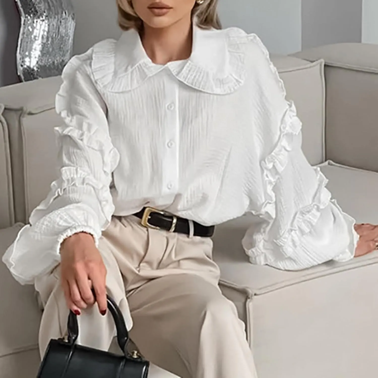 Womens Button Down Shirts Cotton Lantern Long Sleeve Ruffle Trim Doll Collar Office Work Blouses Tops