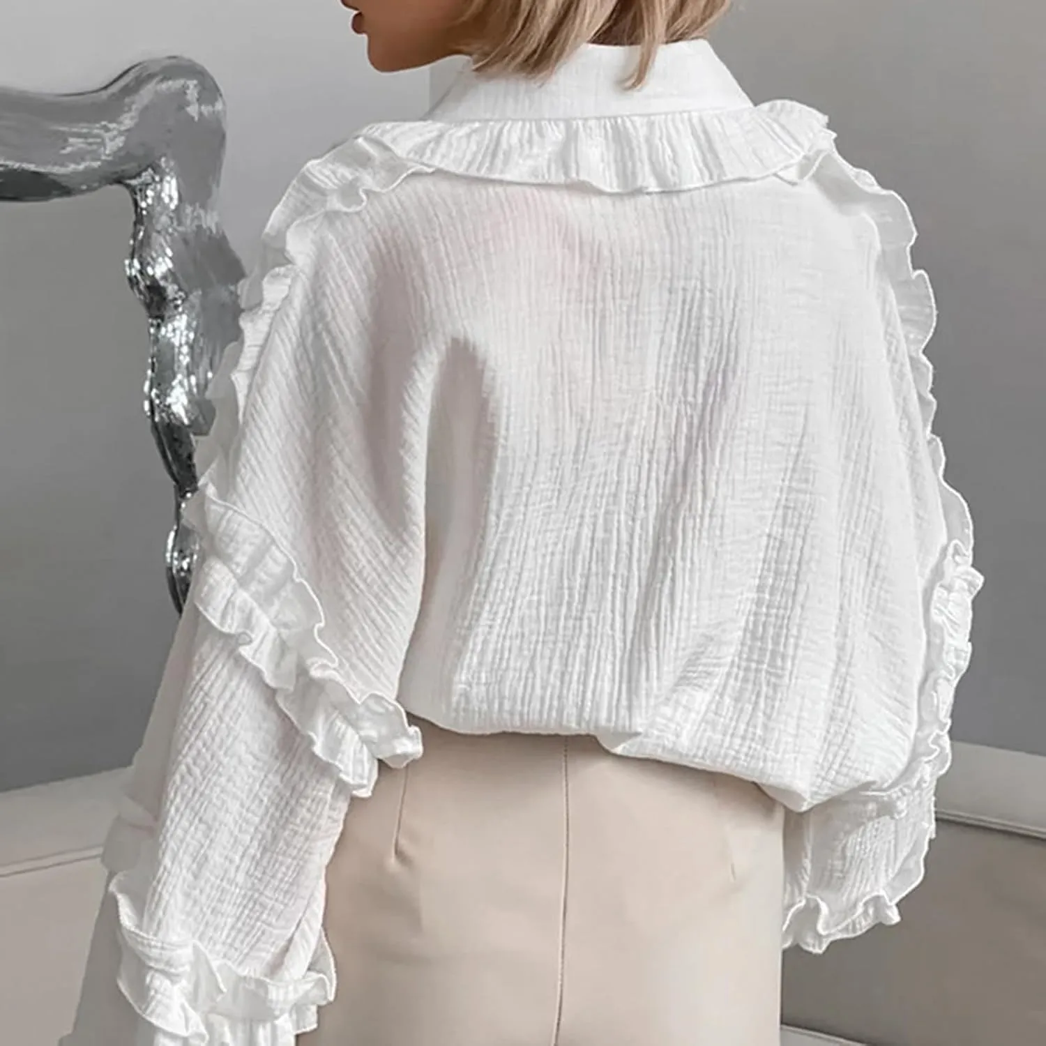 Womens Button Down Shirts Cotton Lantern Long Sleeve Ruffle Trim Doll Collar Office Work Blouses Tops