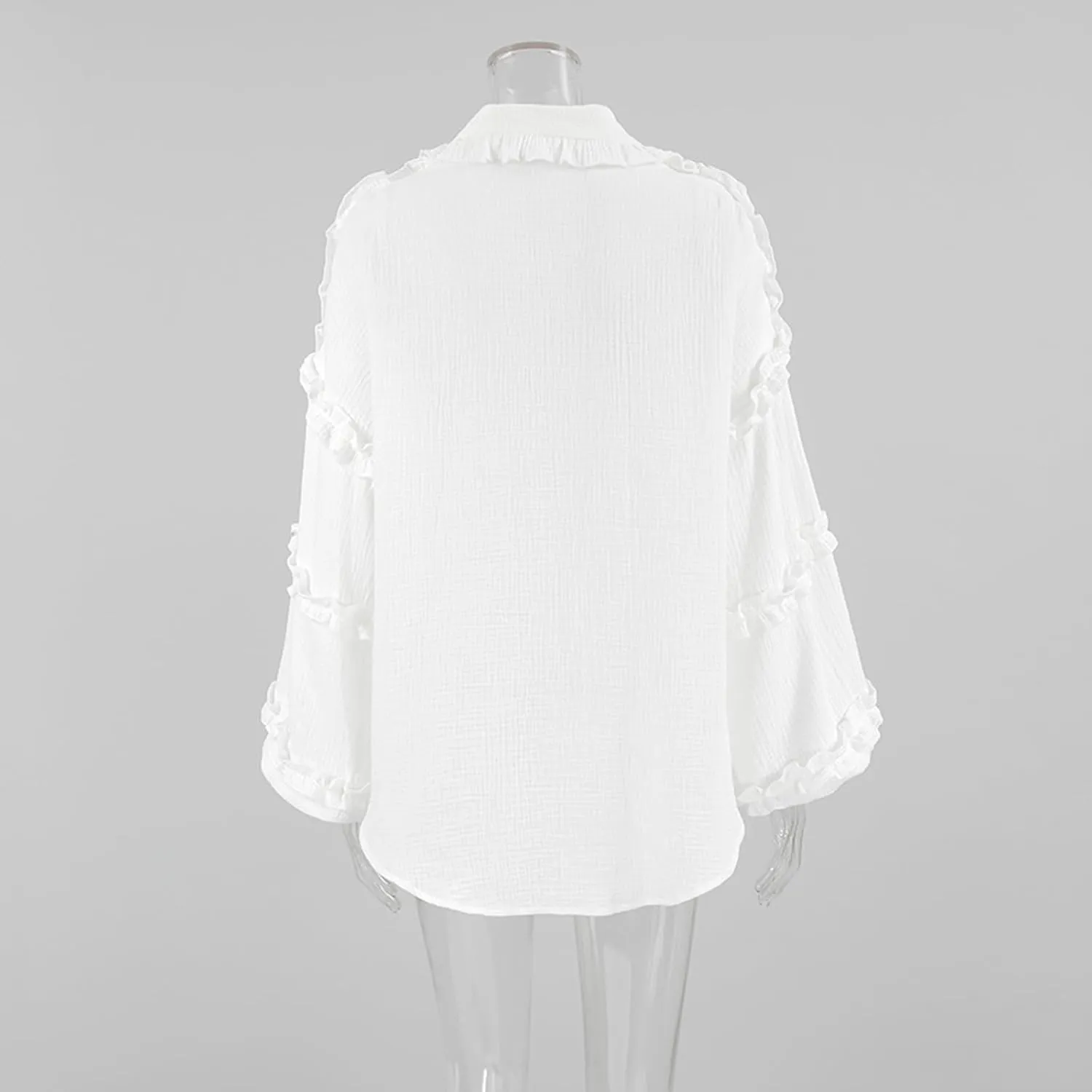 Womens Button Down Shirts Cotton Lantern Long Sleeve Ruffle Trim Doll Collar Office Work Blouses Tops