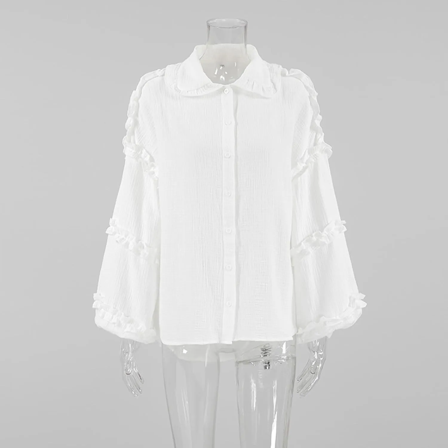 Womens Button Down Shirts Cotton Lantern Long Sleeve Ruffle Trim Doll Collar Office Work Blouses Tops