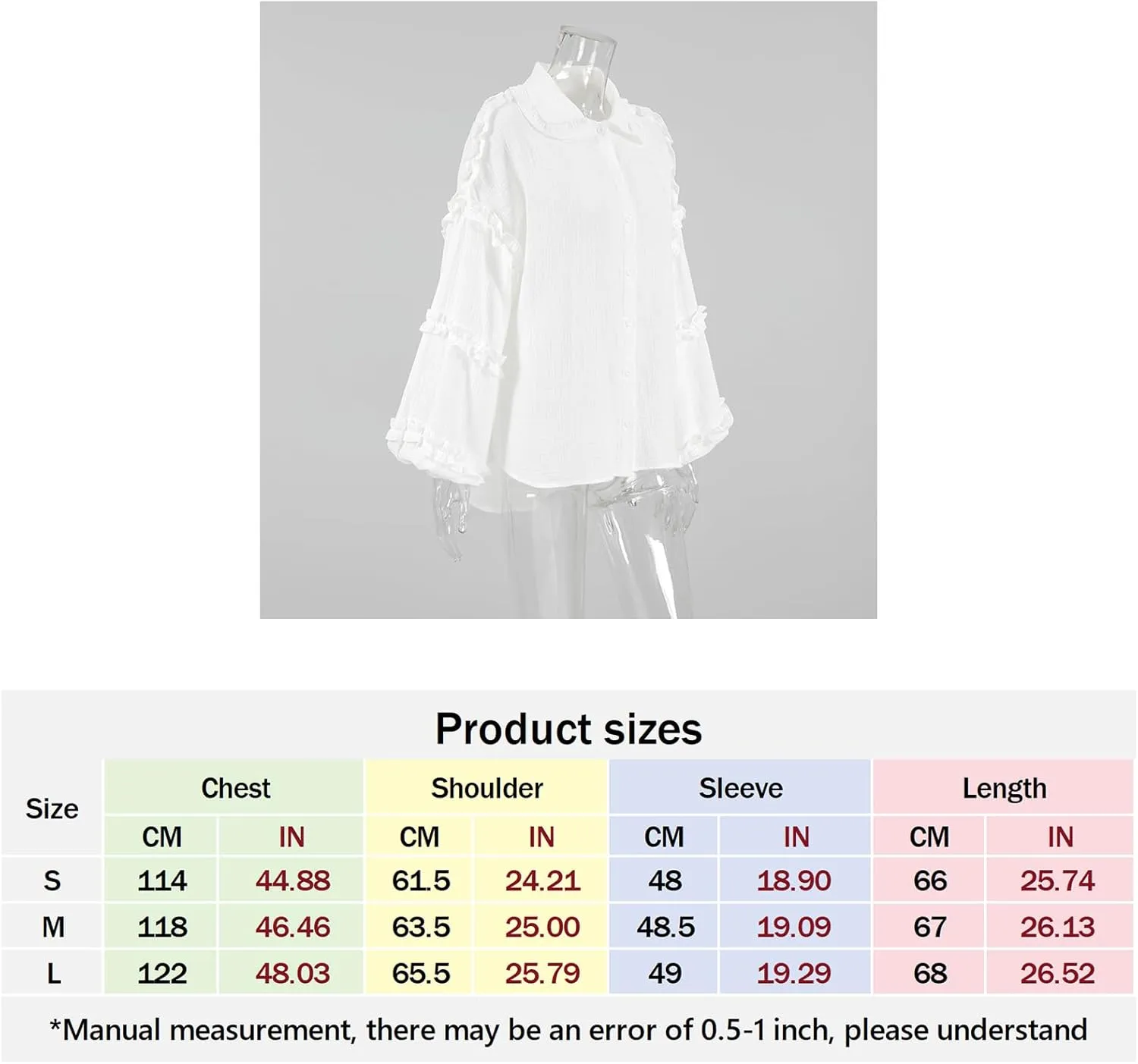 Womens Button Down Shirts Cotton Lantern Long Sleeve Ruffle Trim Doll Collar Office Work Blouses Tops