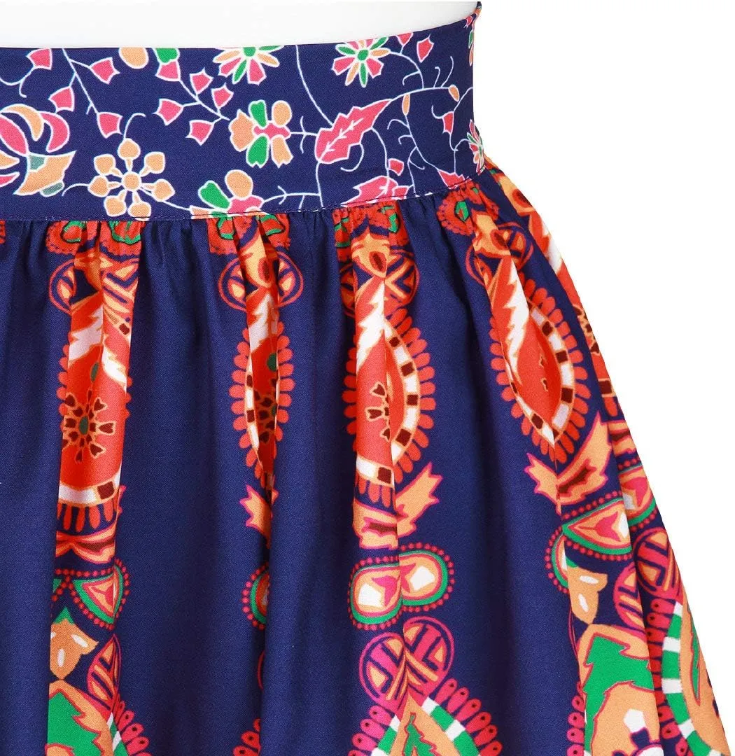 Women's Digital Print High Waisted A-Line Pleated Vintage Midi Skirts