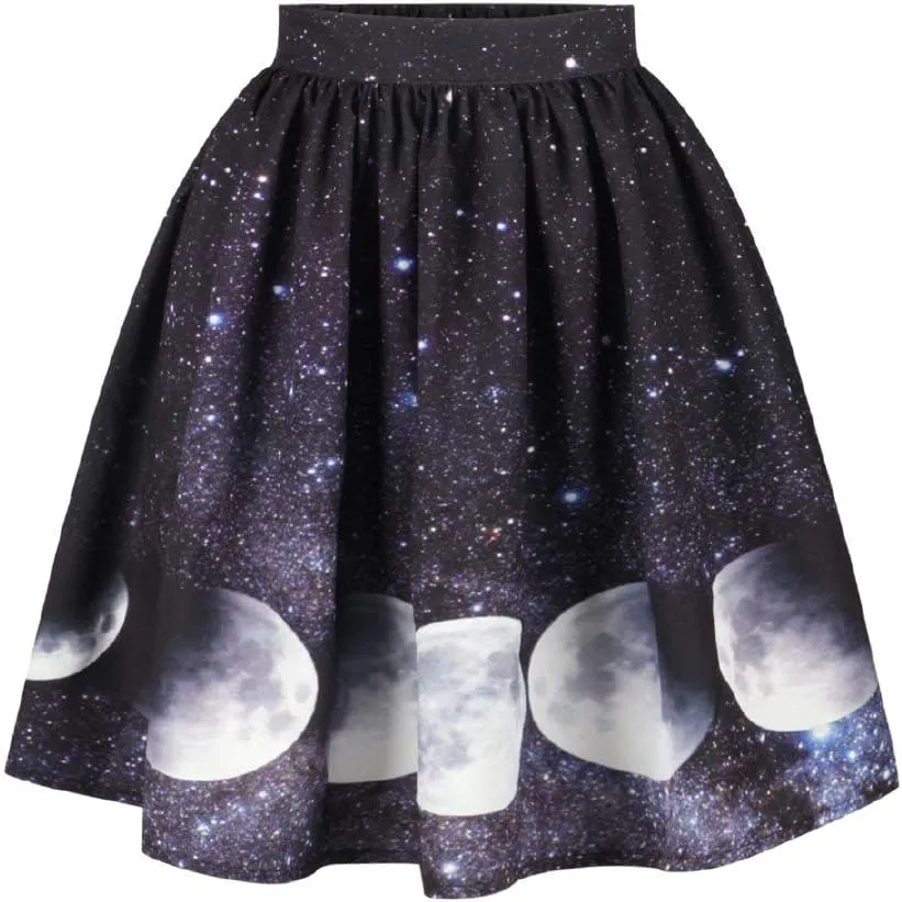 Women's Digital Print High Waisted A-Line Pleated Vintage Midi Skirts
