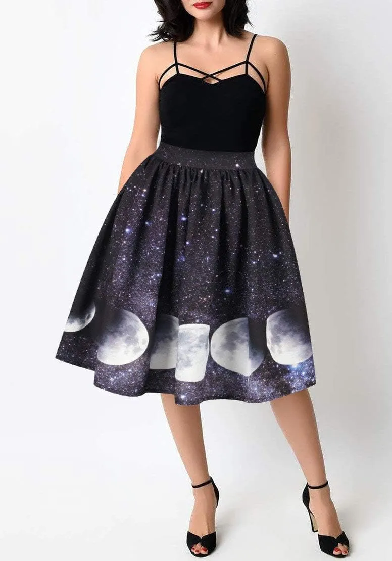 Women's Digital Print High Waisted A-Line Pleated Vintage Midi Skirts