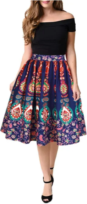 Women's Digital Print High Waisted A-Line Pleated Vintage Midi Skirts