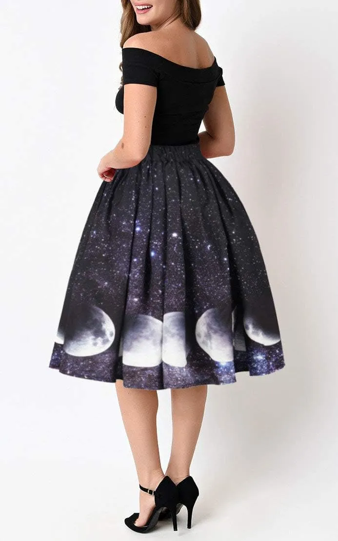 Women's Digital Print High Waisted A-Line Pleated Vintage Midi Skirts