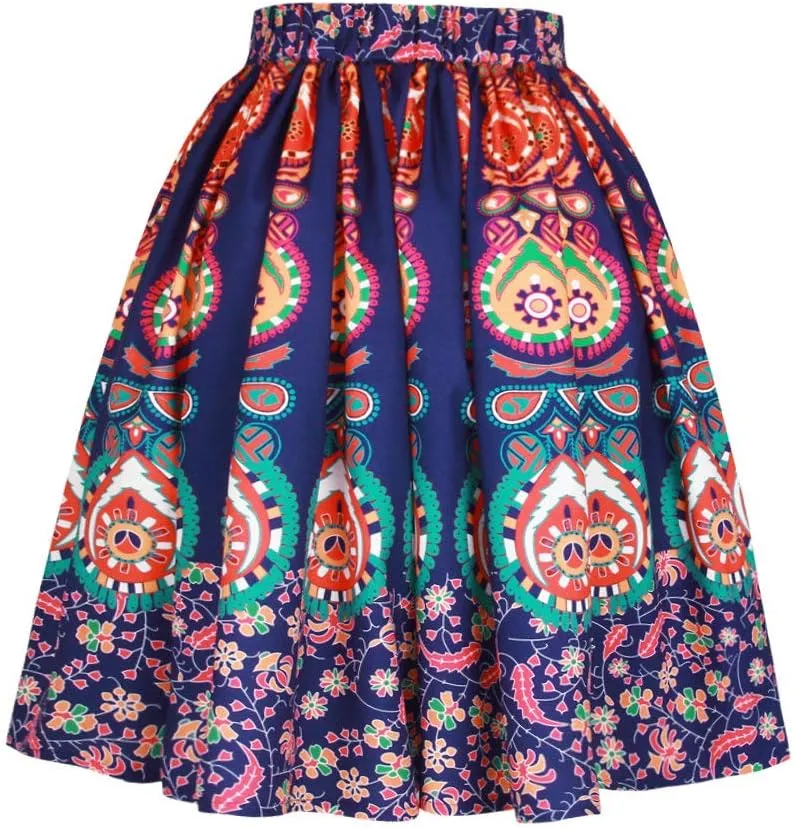 Women's Digital Print High Waisted A-Line Pleated Vintage Midi Skirts