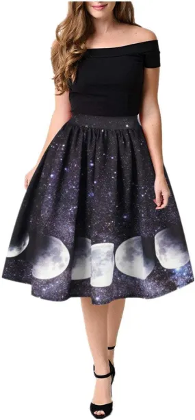 Women's Digital Print High Waisted A-Line Pleated Vintage Midi Skirts