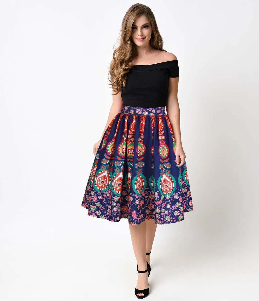 Women's Digital Print High Waisted A-Line Pleated Vintage Midi Skirts