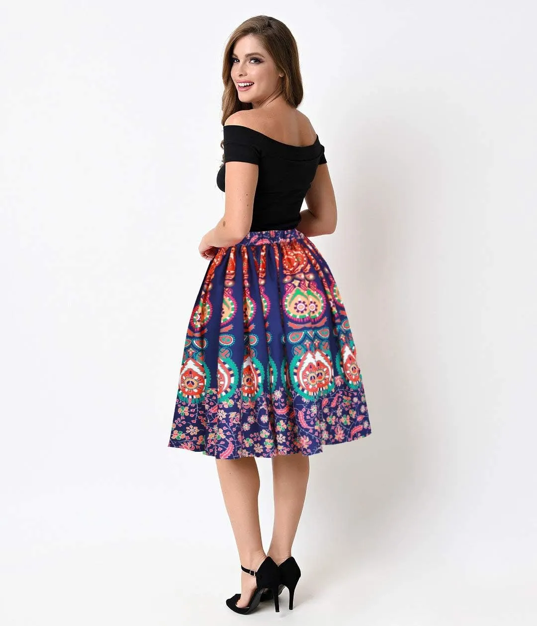 Women's Digital Print High Waisted A-Line Pleated Vintage Midi Skirts